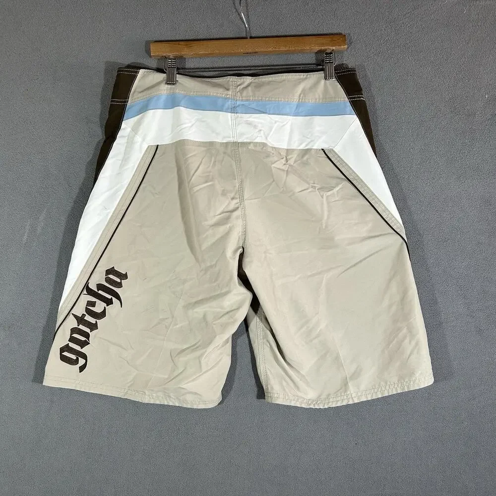 Gotcha Board Shorts Mens 34 Beige Brown Surf Swim Trunks 10 in Y2K Surf Beach